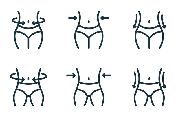 ウエストを痩身。女と男の損失の重量ラインアイコン.形状ウエストライン制御概要アイコン。女性と男性のボディ痩身リニアピクトグラムのセット。編集可能なストローク。絶縁ベクトルイラスト - ベクター画像