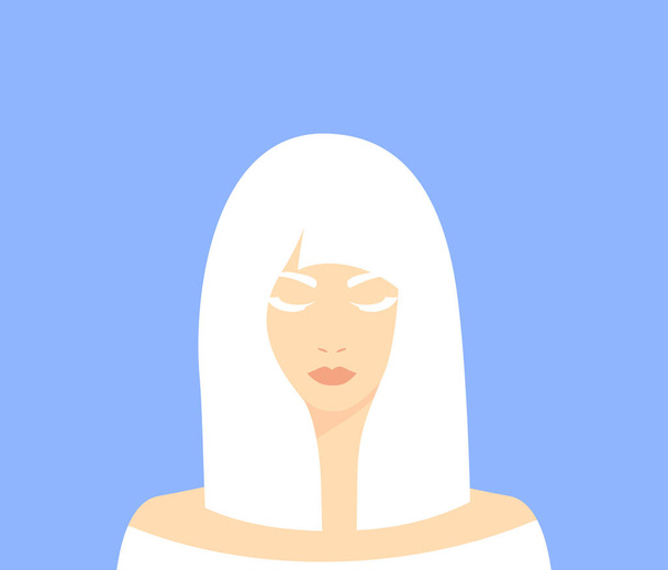Mujer albina hermosa con los ojos cerrados sobre un fondo azul suave  - Vector, imagen