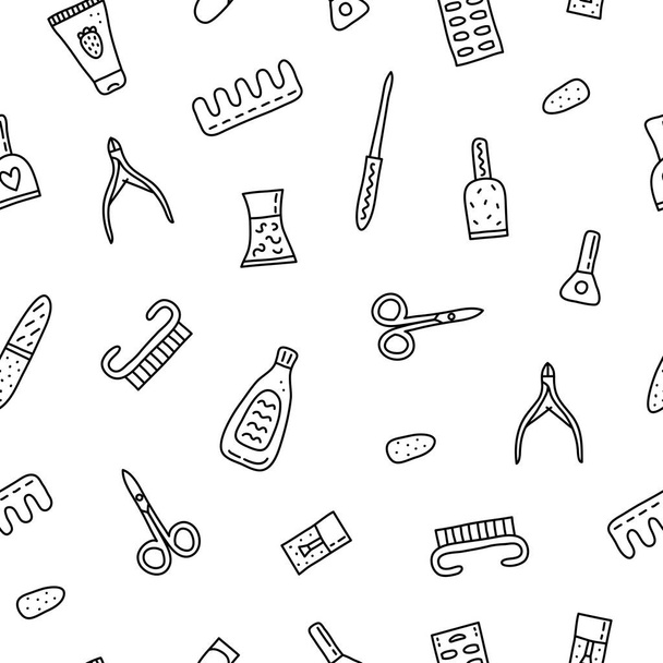 Black and white seamless pattern with doodle outline nail salon icons. - Вектор,изображение