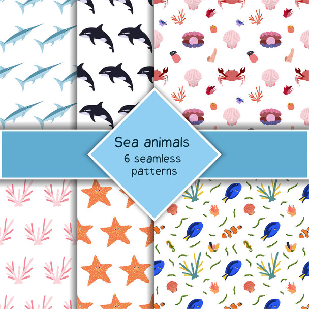 Set with six sea animal seamless pattern with killer whale, swordfish and coral, crab starfish and seashall. Undersea world habitants print. - Vector, Image