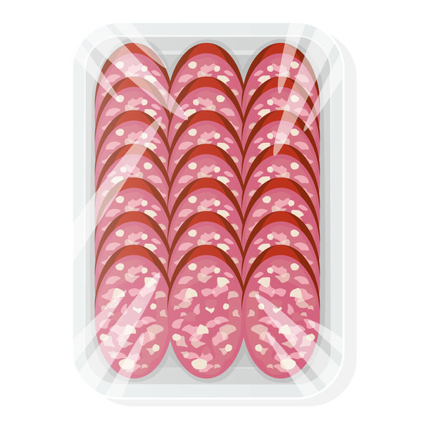 Wurstscheiben in einer Plastikschale. Salami in Vakuumverpackung. Vektorillustration. - Vektor, Bild
