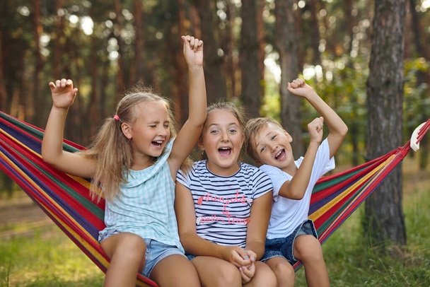 Plezier in de tuin. mooie kinderen spelen in kleurrijke hangmat - Foto, afbeelding