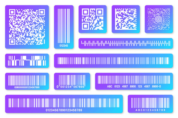Moderne kleurrijke product barcodes en QR codes. Identificatiecode. Serienummer, product-ID met digitale informatie. Sla of supermarkt scan etiketten, prijskaartje. Vectorillustratie. - Vector, afbeelding