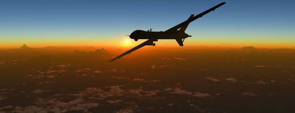 Luftaufnahme und Silhouette einer militärischen Drohne, die bei Sonnenuntergang über einem Gebirge fliegt. Militärische Mission und Ziel. 3D-Darstellung - Foto, Bild