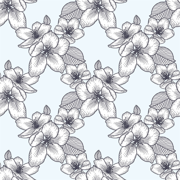 Beautiful seamless monochrome floral pattern with gray apple flowers. Nature botanical vector background illustration. Stock graphic design. - Vetor, Imagem