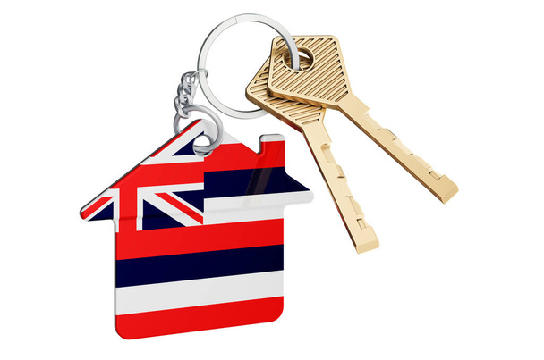 Недвижимость на Гавайях. Брелок с гавайским флагом. Концепция недвижимости, аренды или ипотеки. 3D рендеринг изолирован на белом фоне - Фото, изображение