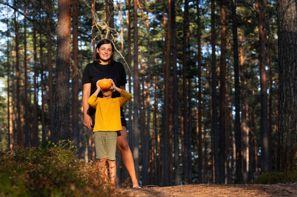 mother and son hug. Evening sun in a pine forest. - Foto, immagini