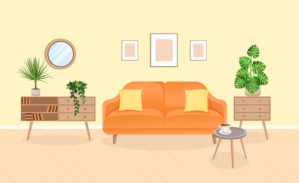 Moderne Wohnzimmereinrichtung mit Möbeln und Zimmerpflanzen. Gestaltung eines gemütlichen Zimmers mit Sofa und Dekorationsartikeln. Toilette. Vektorflache Illustration - Vektor, Bild
