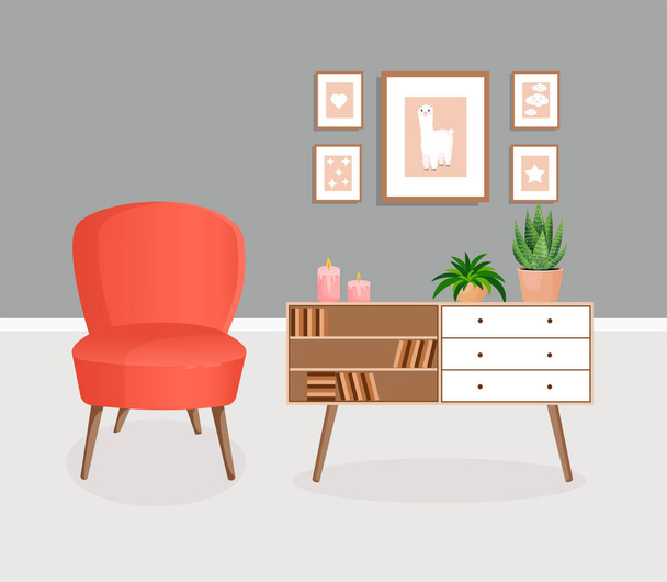 Cute gray interior with modern furniture and plants. Design of a cozy living room with soft chair, plants, pictures, dressers and books. Vector flat style illustration - Vector, Image
