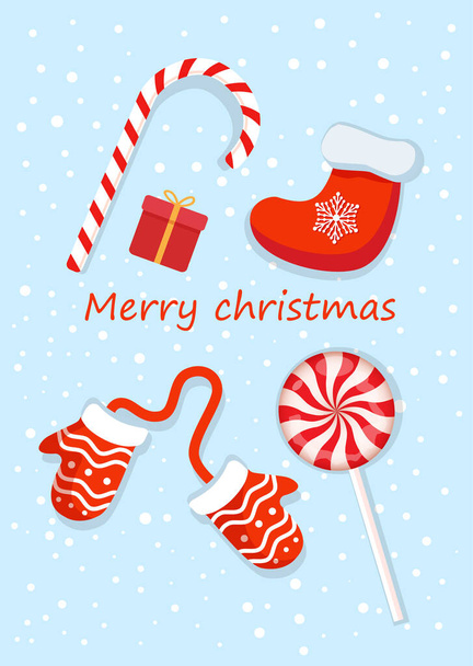 Illustratie van nieuwjaars- en kerstkaart met wanten, cadeausokken, rood cadeau en snoepjes en snoepjes. Tekst kan worden toegevoegd en vervangen. Vrolijk kerstfeest. - Foto, afbeelding