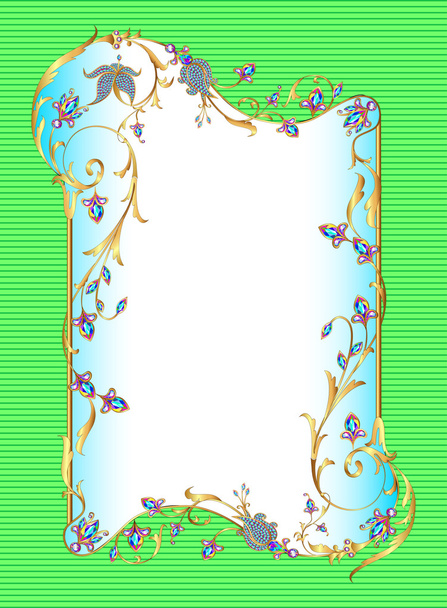 bright green background floral frame with gems - Vector, Imagen