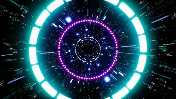 Leuchtende Cyan-farbige Lichtkreislampe im futuristischen Technologie-Tunnel - Foto, Bild
