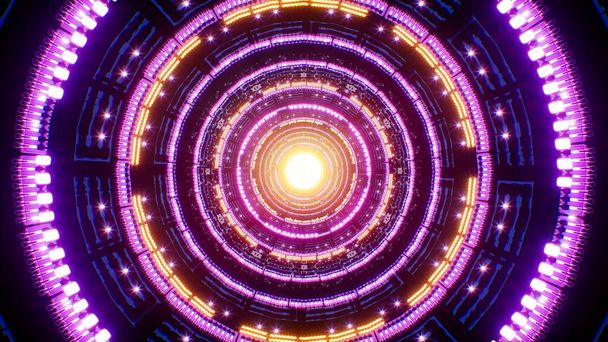 紫と黄色の円の光の機械的トンネルの背景 - 写真・画像