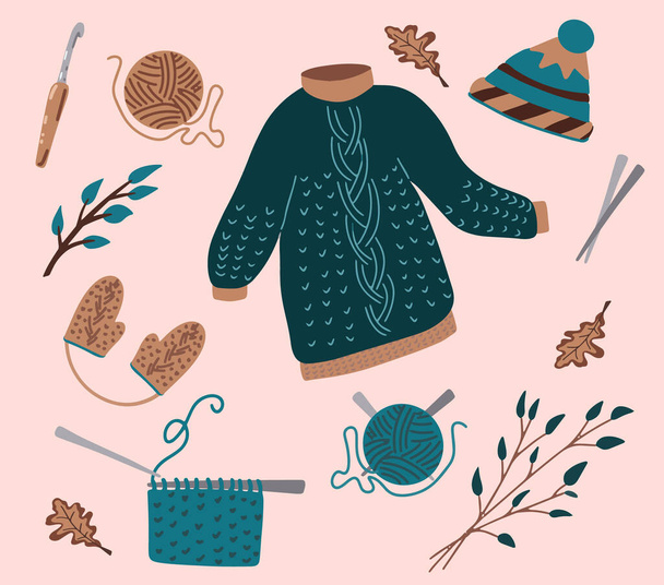 Cozy autumn set, Hygge evening for knitting. Handmade work. World Knitting Day in public places, balls of yarn for knitting. Vector cute flat cartoon illustration. Hobby time. Handmade concept. - Vector, Image