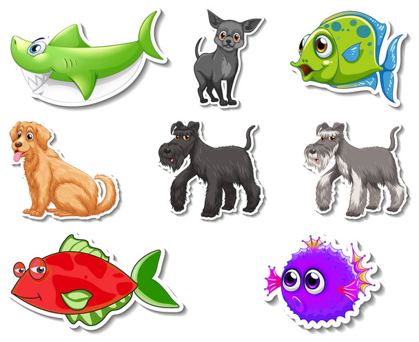 Conjunto de pegatinas con animales de mar y perros ilustración de personajes de dibujos animados - Vector, imagen