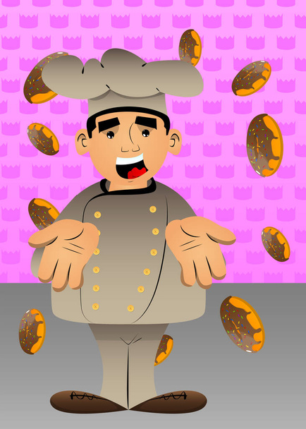 Gordo chef de dibujos animados masculinos en uniforme mostrando algo con ambas manos o expresando no saben gesto. Ilustración vectorial. - Vector, imagen