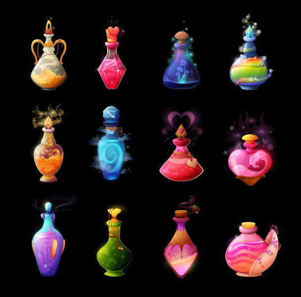 Butelki z eliksirem. Miłosny eliksir, magiczne zaklęcie lub trucizna w szklanej bańce. Eliksir czarownicy, czarodzieja lub czarodzieja, napój baśniowy, kolba z tajemniczą, świecącą i gotującą się cieczą, grzyb, serce i dym - Wektor, obraz