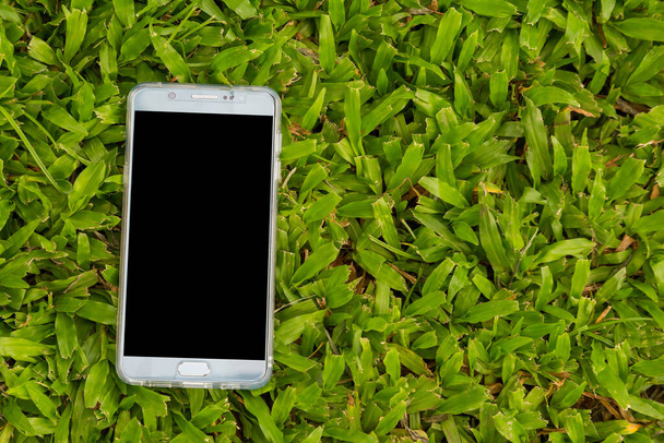 Smart phone on green grass background - Φωτογραφία, εικόνα