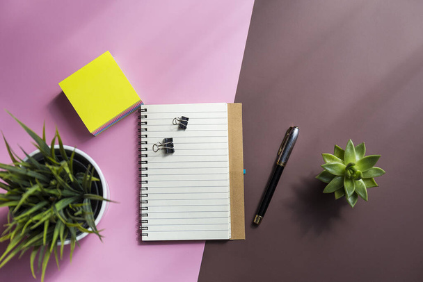 A top view shot of a notebook, pen, and two plants on a pink and brown background - Foto, Bild