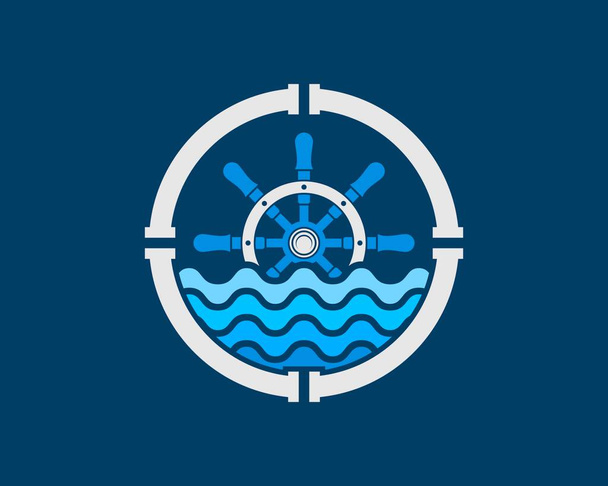Kreisförmige Wasserleitung mit Schiffslenkrad und Strandwelle - Vektor, Bild
