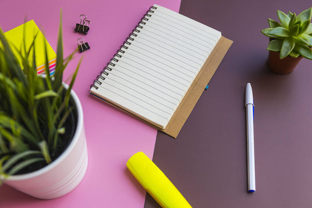 A top view shot of a notebook, highlighter, tape, pen, and a plant on a pink and brown background - Zdjęcie, obraz