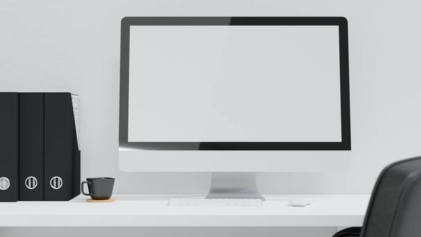 Κοντινό πλάνο, Υπολογιστή γραφείο με κενό οθόνη υπολογιστή mockup, φακέλους γραφείου, φλιτζάνι καφέ στο τραπέζι, μαύρο και άσπρο εσωτερικό στυλ, 3D απόδοση, 3D εικόνα - Φωτογραφία, εικόνα