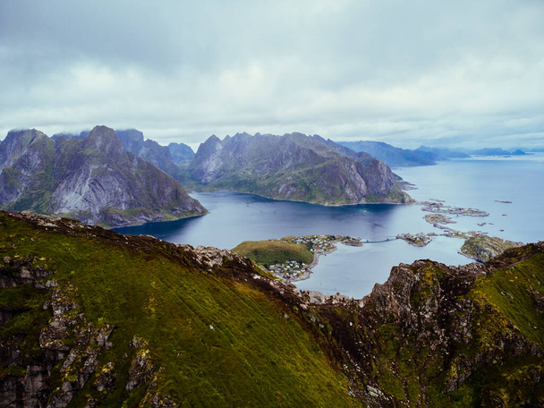 An aerial shot of beautiful mountains and Lofoten islands in Norway - Photo, Image