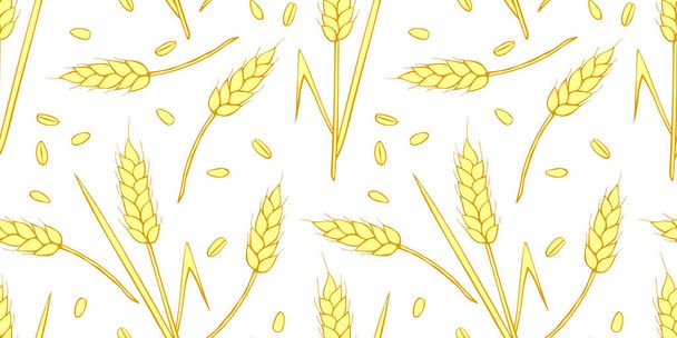 Wheat spikelets and grains, vector seamless pattern in flat style, isolated. Design of print, wrapping paper, packaging on theme of bakery products, flour, harvest, thanksgiving. - Vector, Image