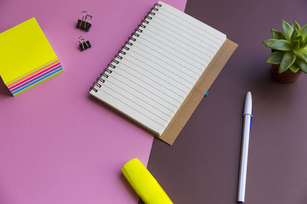 A top view shot of a notebook, sticky paper, pen, and a plant on a pink and brown background - Foto, Imagem