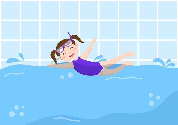 Illustration vectorielle de fond de natation mignon pour petits enfants dans un style de dessin animé plat. les personnes vêtues de maillots de bain, nager en été et pratiquer des activités nautiques - Vecteur, image