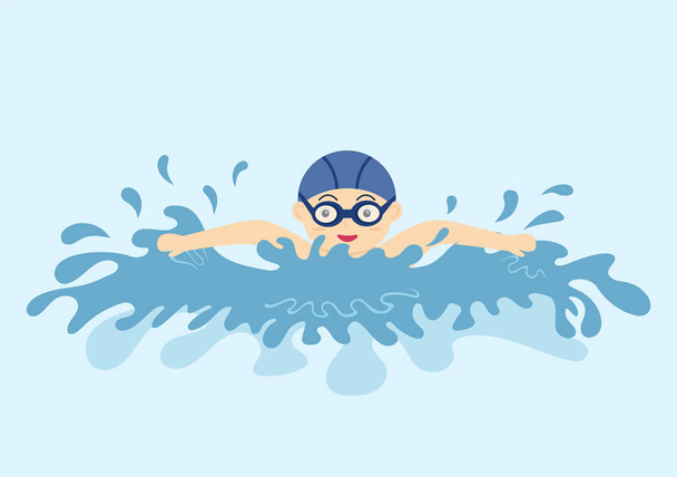 Söpö Pikkulapset Uima Tausta Vektori Kuvitus tasainen sarjakuva tyyliin. uimapukuihin pukeutuneet ihmiset, uivat kesällä ja suorittavat vesiaktiviteetteja - Vektori, kuva