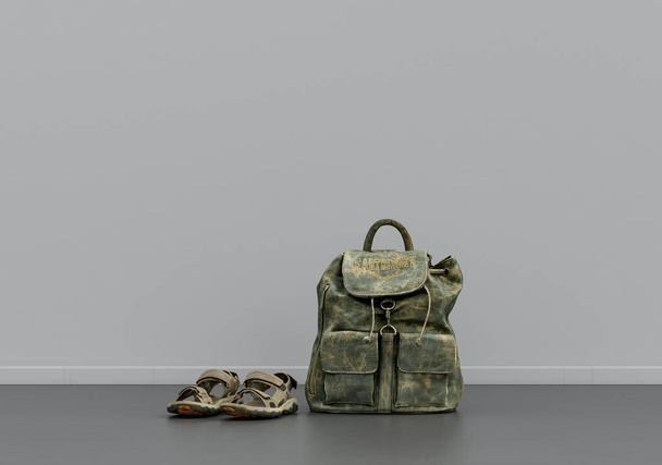 A backpack and a pair of sandals on the floor, cloth and accessories in a grey interior room with copy space, 3d Rendering, nobody - Фото, зображення