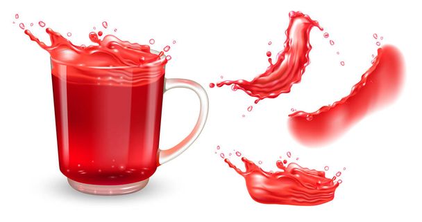 Set of tea transparent cup with red hibiscus tea and red liquid splashes. Isolated on white background. Vector realistic design elements. - ベクター画像