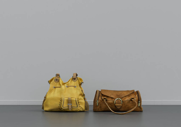 Bolso de mujer en el suelo, tela y accesorios en una habitación interior gris con espacio para copias, 3D Rendering, nadie - Foto, imagen