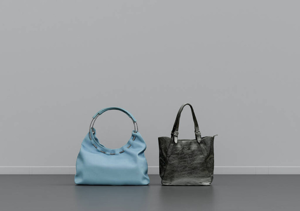 Woman's bag on the floor, cloth and accessories in a grey interior room with copy space, 3d Rendering, nobody - Photo, Image