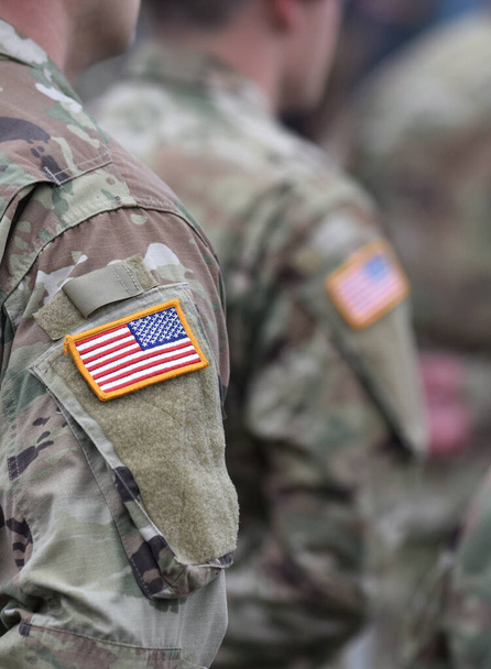 US soldiers. US army. USA patch flag on the US military uniform. Veterans Day. Memorial Day. - Fotografie, Obrázek