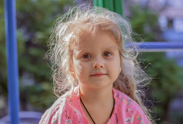 retrato de uma criança menina bonita 4 anos de idade com cabelo encaracolado e enormes olhos castanhos - Foto, Imagem