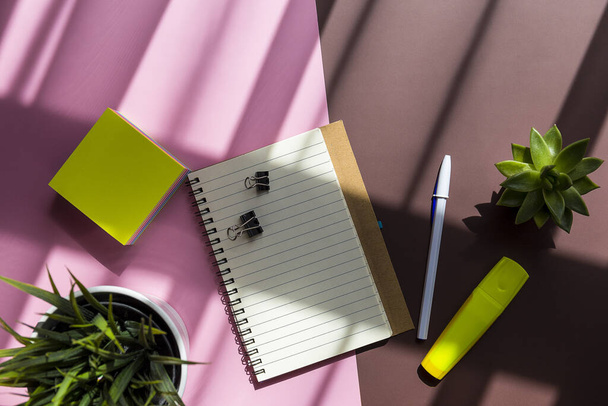 A top view shot of a notebook, sticky paper, pen, and two plants on a pink and brown background - Foto, imagen