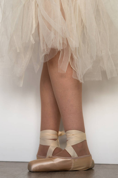 legs of girl dancing ballet with tulle skirt and pink shoes different dance steps wooden floor and white background with copy space - Photo, image