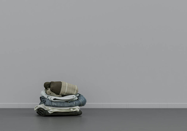 Folded laundry on the floor, cloth and accessories in a grey interior room with copy space, 3d Rendering, nobody - Photo, Image