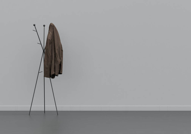 Una giacca su una gruccia, stoffa e accessori in una stanza interna grigia con spazio copia, 3d Rendering, nessuno - Foto, immagini