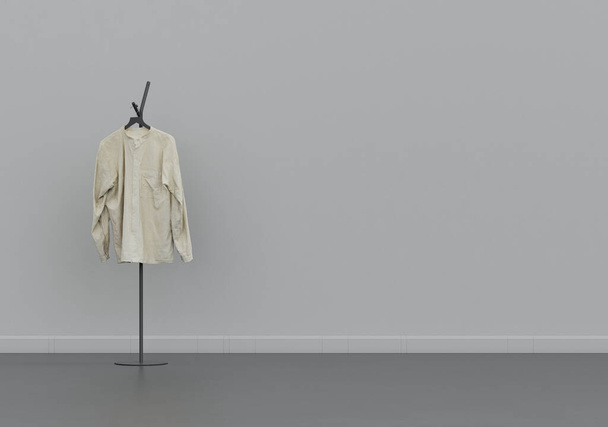 men's shirt on a hanger, cloth and accessories in a grey interior room with copy space, 3d Rendering, nobody - Foto, immagini