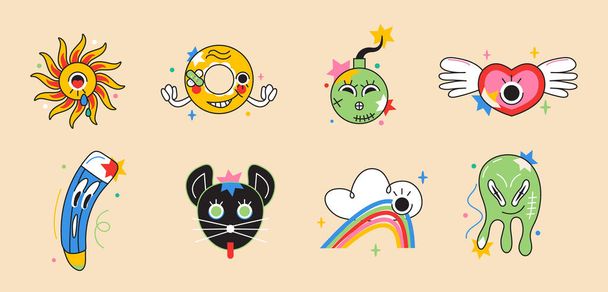 Crazy sticker vector set. Abstract comic character with big angry eye in trendy hand drawn style. Cute funny faces of TV, banana, coffee cup, cherries, broken heart for social net in bright colors. - Wektor, obraz