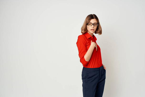 Business woman in red shirt fun emotions work secretary - Photo, Image