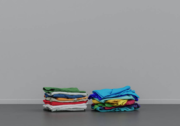 Folded laundry on the floor, cloth and accessories in a grey interior room with copy space, 3d Rendering, nobody - Photo, image