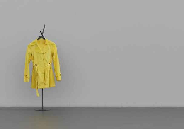 women's raincoat on a hanger, cloth and accessories in a grey interior room with copy space, 3d Rendering, nobody - Photo, Image