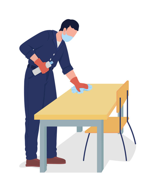 Janitor wipe desk surface semi flat color vector character. Male adult figure. Full body person on white. Covid precaution isolated modern cartoon style illustration for graphic design and animation - Vetor, Imagem