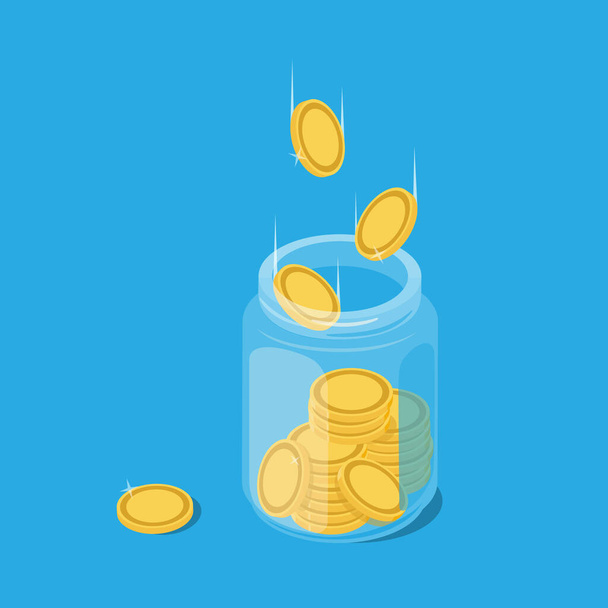 Glass money jar full of gold coins. Saving dollar coin in moneybox. Growth, income, savings, investment. Symbol of wealth. Business success. Vector illustration - Vektor, kép
