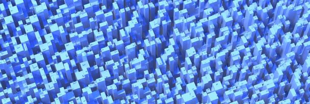 Abstraktní městské mrakodrapy, pozadí chabé kostky. Urban cityscape architektura model modrá barva vzduchu panoramatický pohled. 3D ilustrace - Fotografie, Obrázek