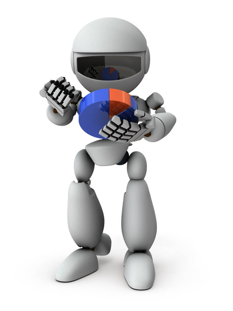 An artificial intelligence robot that looks at a pie chart and analyzes it. White background. 3D rendering.  - Photo, Image